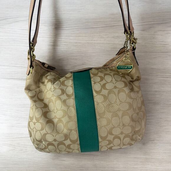 COACH Convertible Hobo Shoulder Bag Crossbody Tan Green Stripe Purse F29941 - Picture 1 of 16